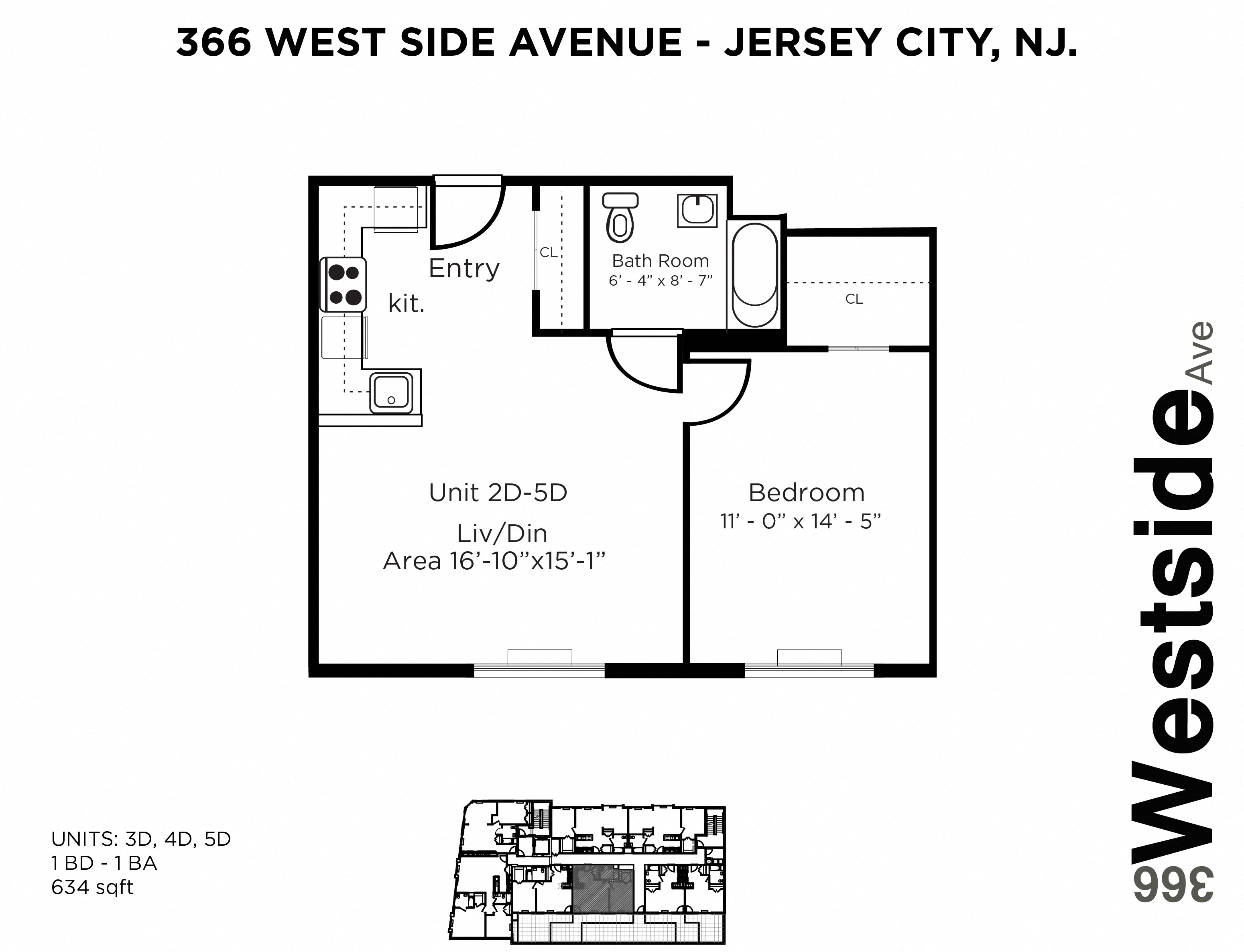 Floor plan for 1 bed, 1 bath, 634 sqft